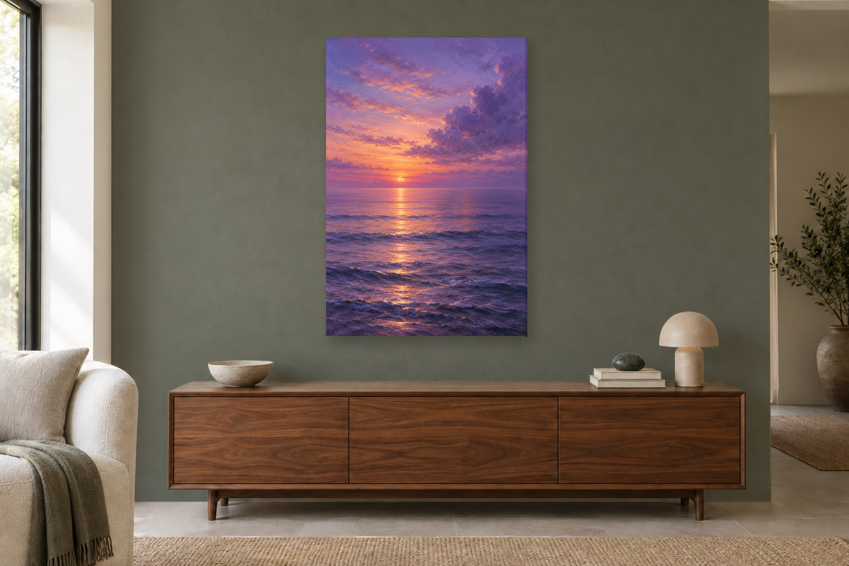 Lavender Sea in a living room — interior mockup with the complete original artwork