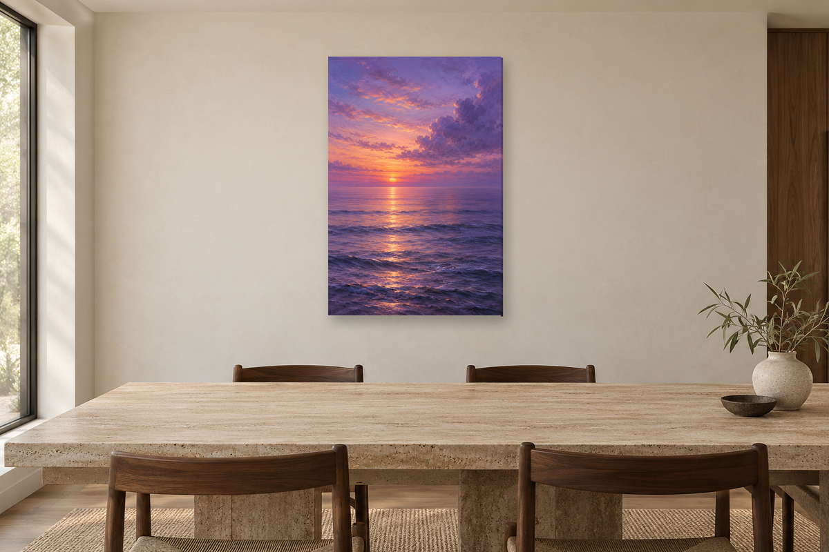 Lavender Sea in a dining room — interior mockup with the complete original artwork