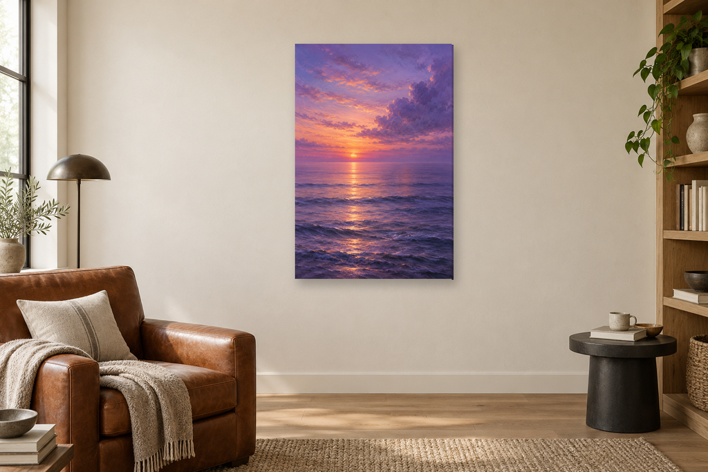 Lavender Sea in a reading corner — interior mockup with the complete original artwork