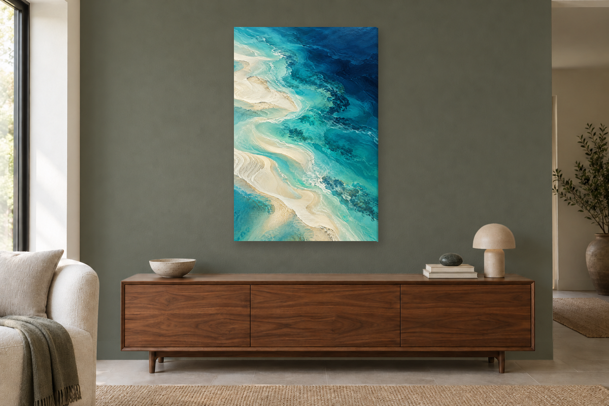 Ocean Layers in a living room — interior mockup with the complete original artwork