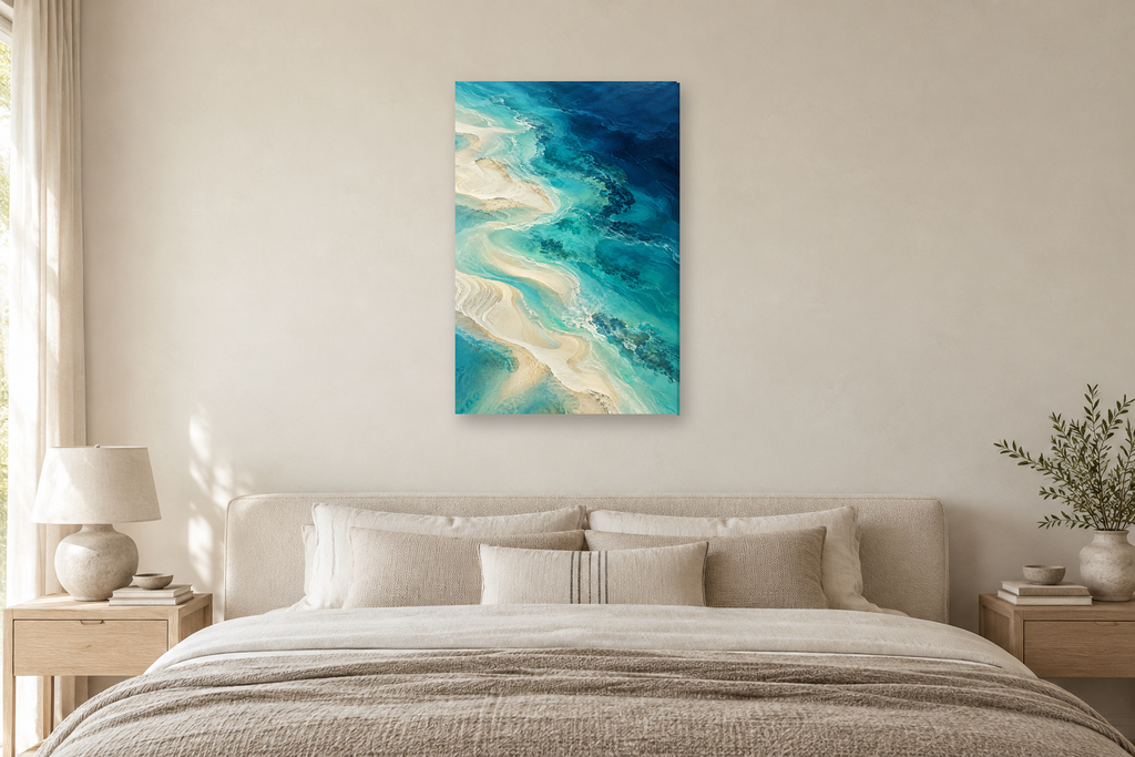 Ocean Layers in a bedroom — interior mockup with the complete original artwork