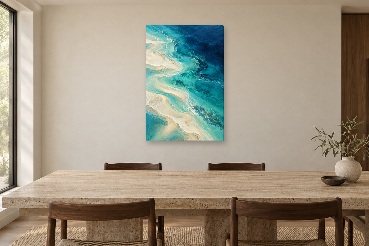 Ocean Layers in a dining room — interior mockup with the complete original artwork