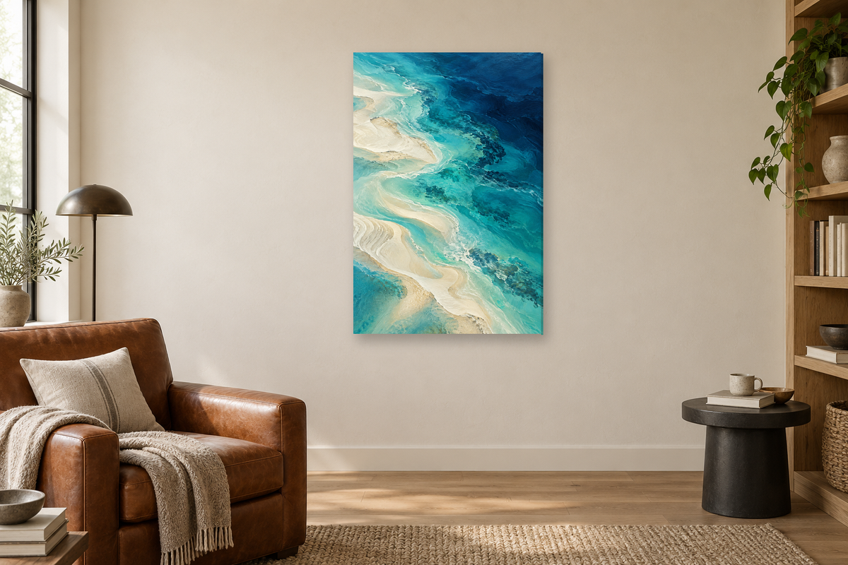 Ocean Layers in a reading corner — interior mockup with the complete original artwork