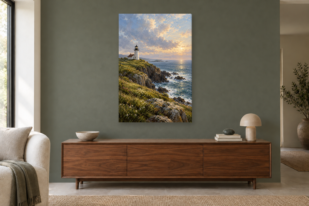 White Lighthouse in a living room — interior mockup with the complete original artwork