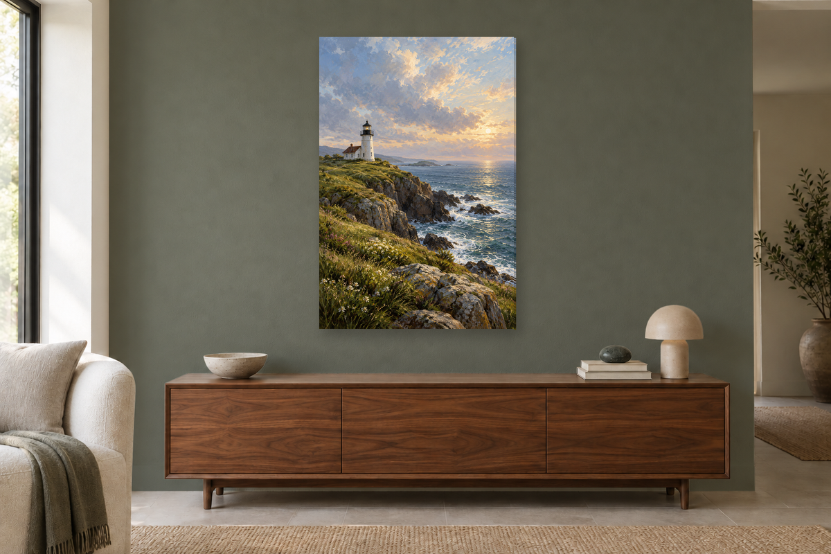 White Lighthouse in a living room — interior mockup with the complete original artwork
