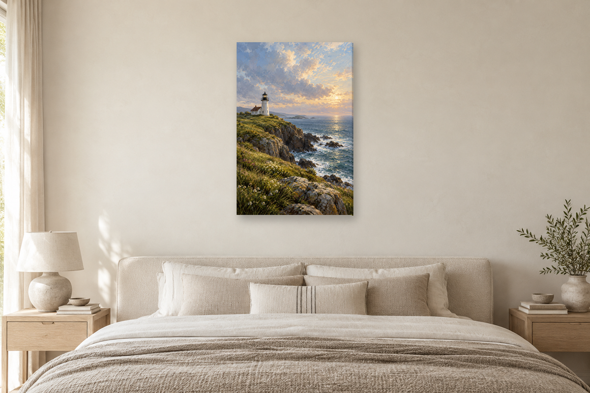 White Lighthouse in a bedroom — interior mockup with the complete original artwork