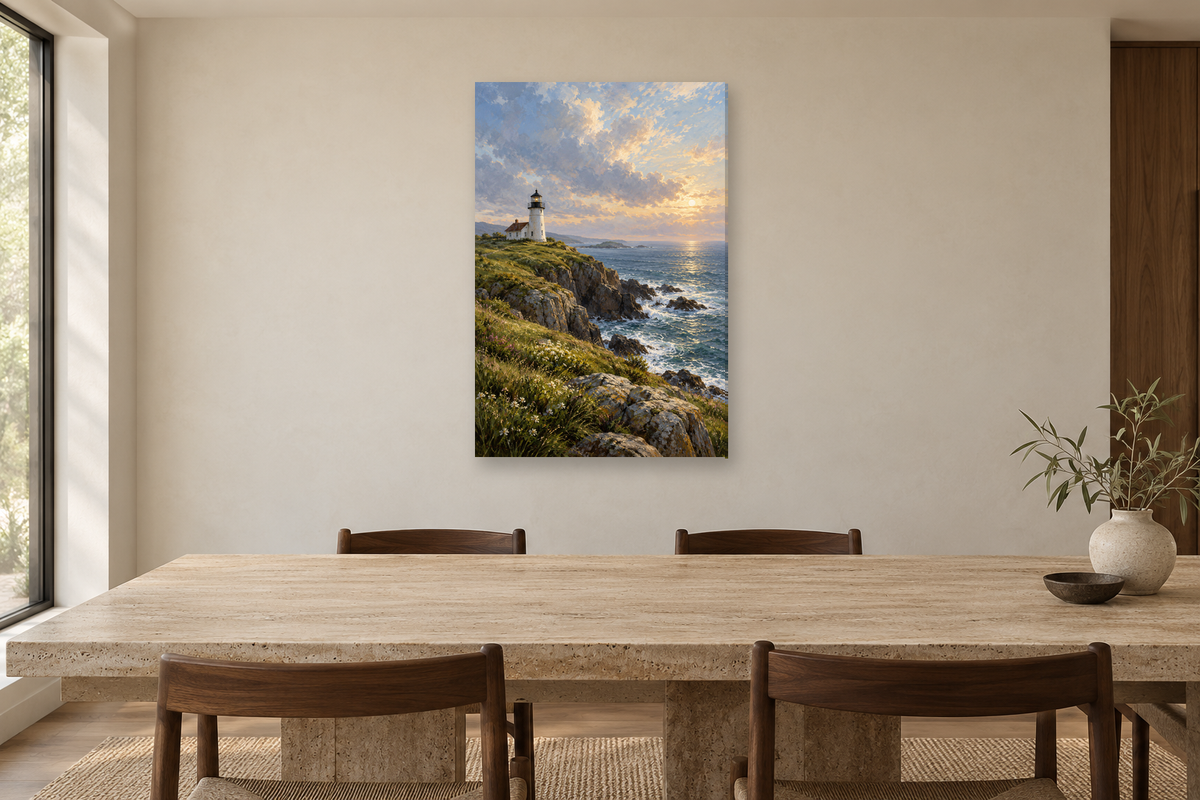 White Lighthouse in a dining room — interior mockup with the complete original artwork
