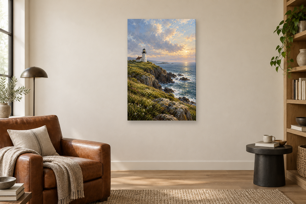 White Lighthouse in a reading corner — interior mockup with the complete original artwork