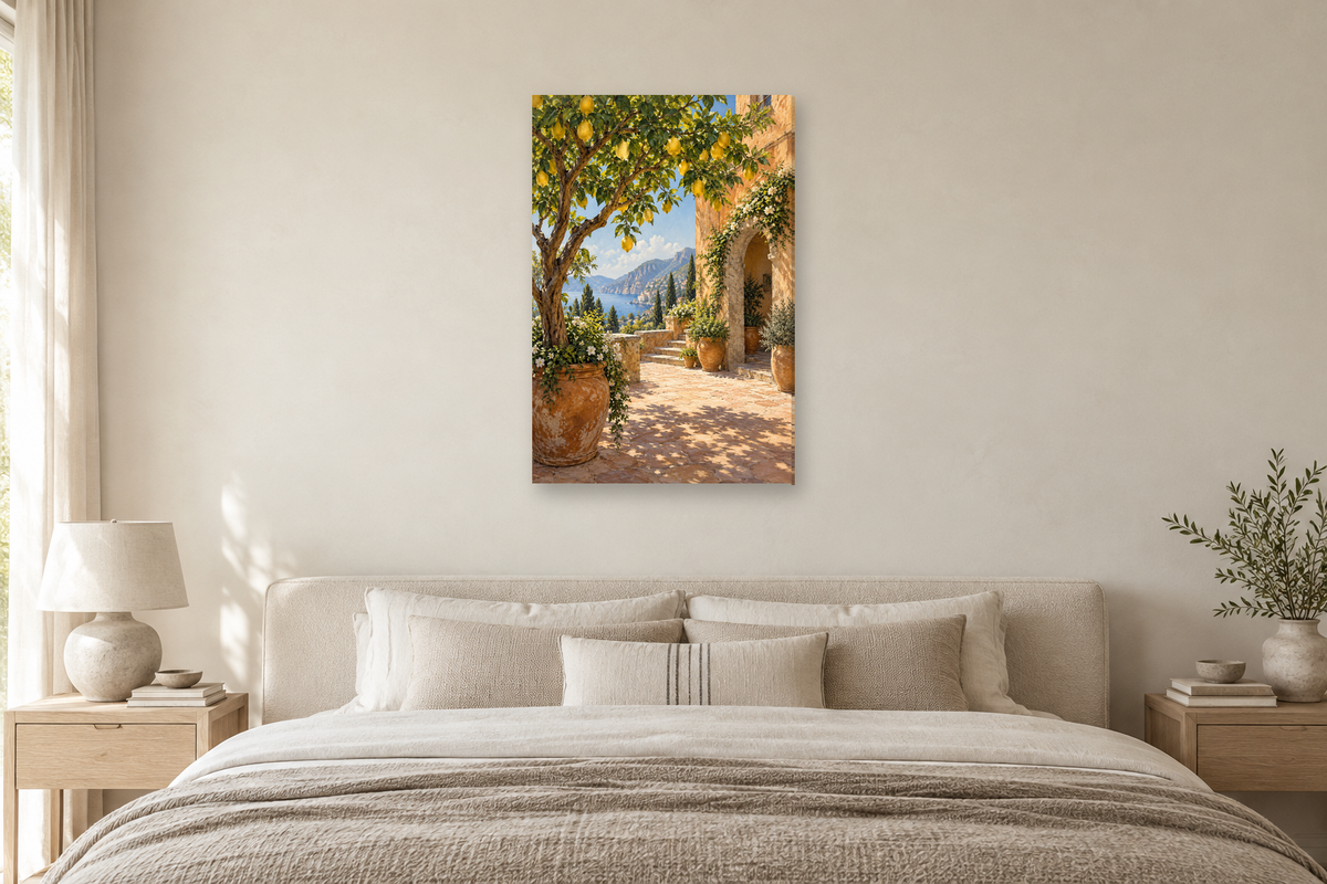 Lemon Courtyard in a bedroom — interior mockup with the complete original artwork
