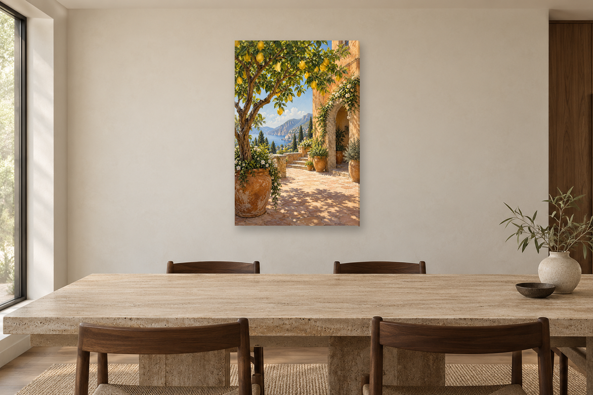 Lemon Courtyard in a dining room — interior mockup with the complete original artwork