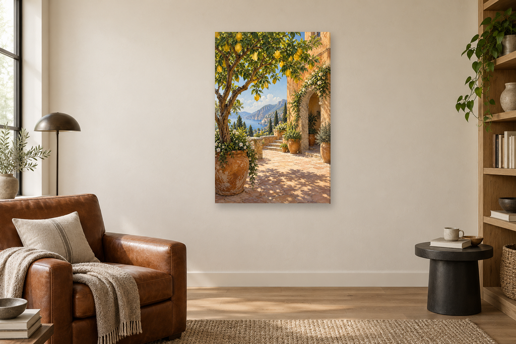 Lemon Courtyard in a reading corner — interior mockup with the complete original artwork