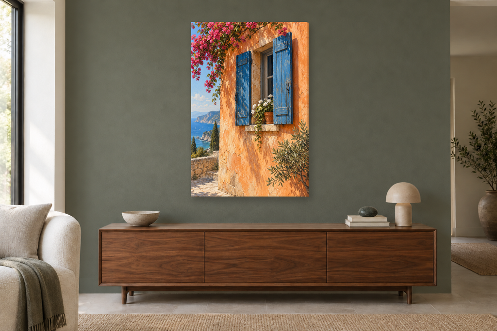 Blue Shutters in a living room — interior mockup with the complete original artwork