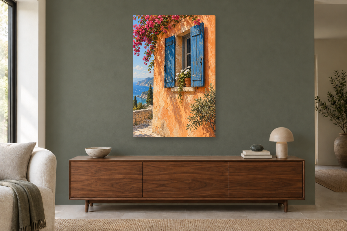 Blue Shutters in a living room — interior mockup with the complete original artwork