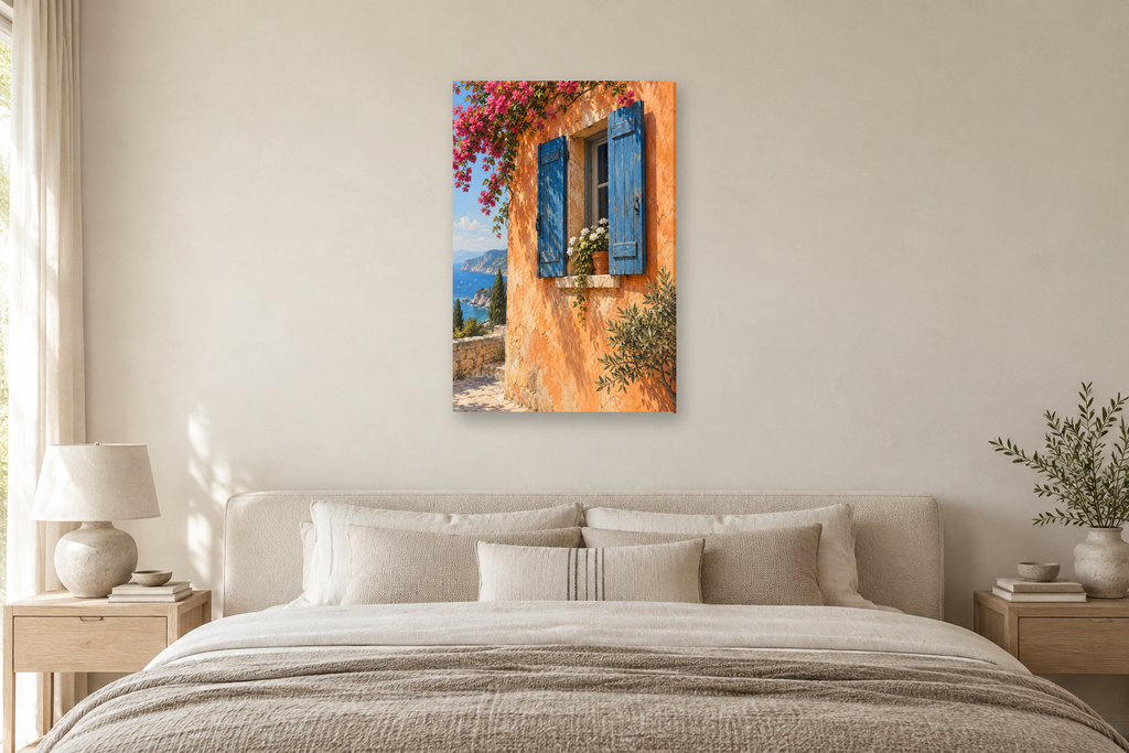 Blue Shutters in a bedroom — interior mockup with the complete original artwork