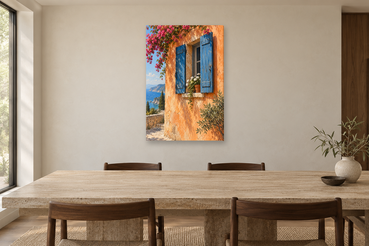 Blue Shutters in a dining room — interior mockup with the complete original artwork