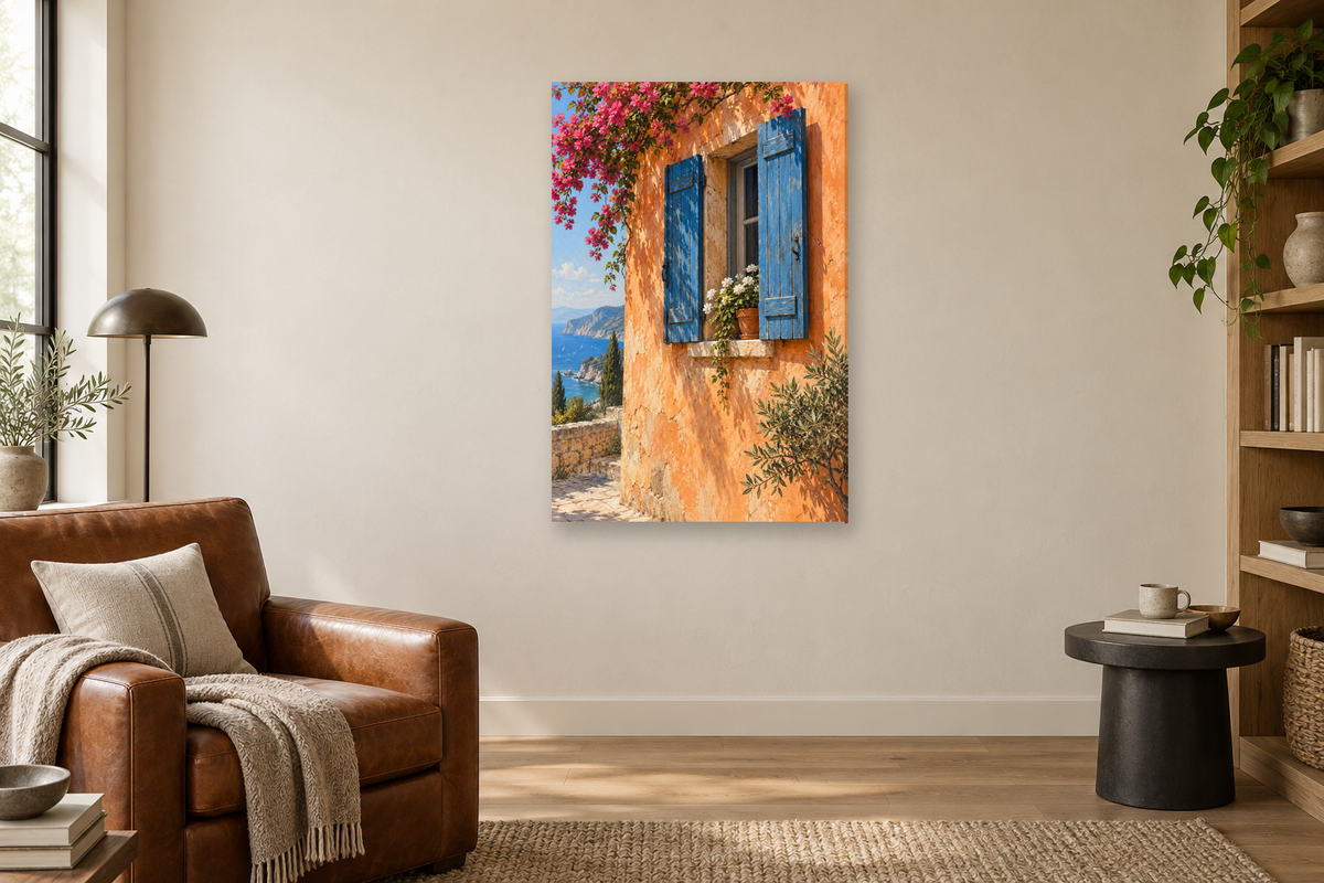 Blue Shutters in a reading corner — interior mockup with the complete original artwork