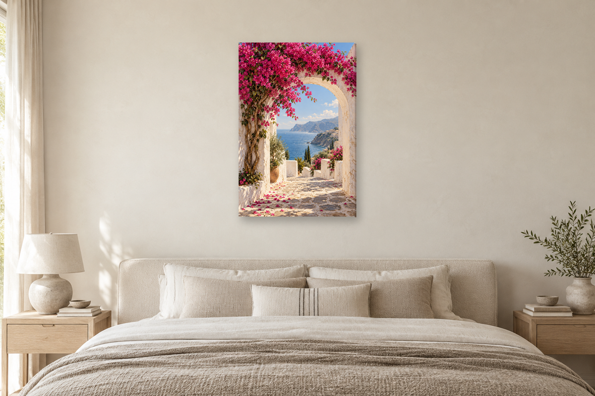 Bougainvillea Arch in a bedroom — interior mockup with the complete original artwork
