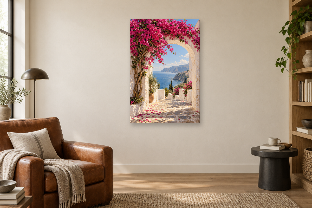 Bougainvillea Arch in a reading corner — interior mockup with the complete original artwork