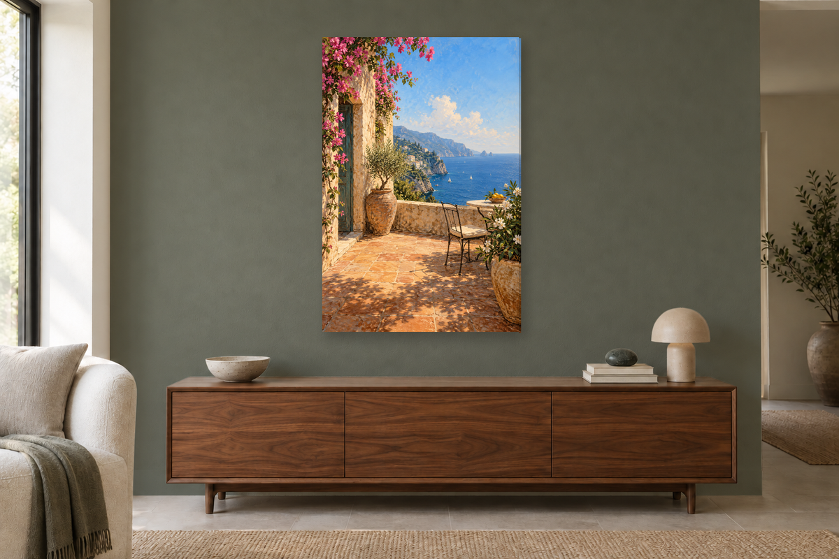 Terrace at Noon in a living room — interior mockup with the complete original artwork