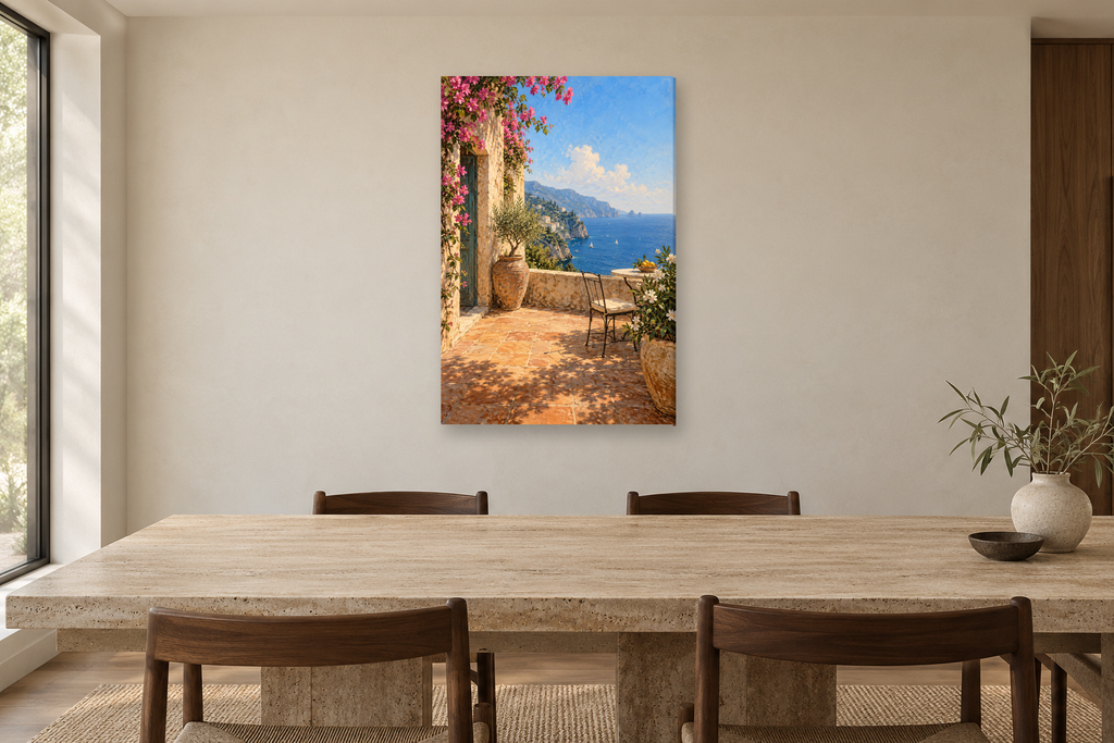 Terrace at Noon in a dining room — interior mockup with the complete original artwork
