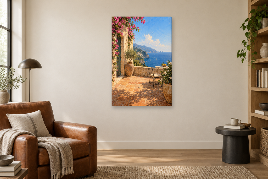 Terrace at Noon in a reading corner — interior mockup with the complete original artwork