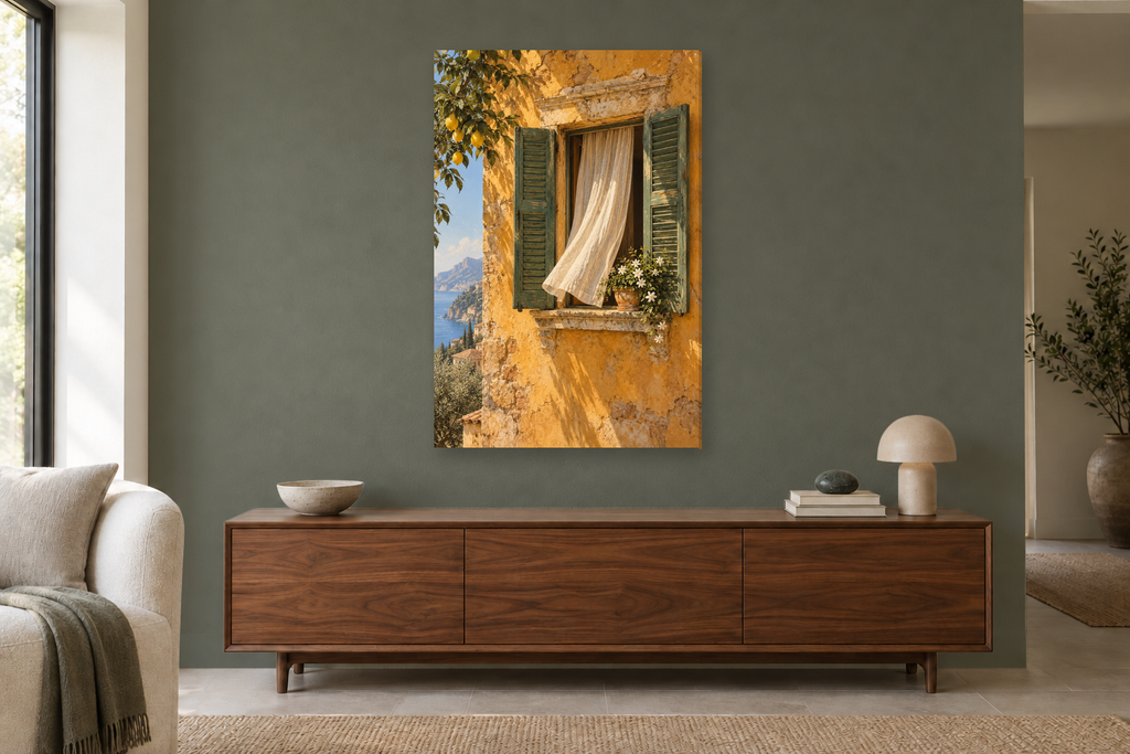 Sicilian Window in a living room — interior mockup with the complete original artwork
