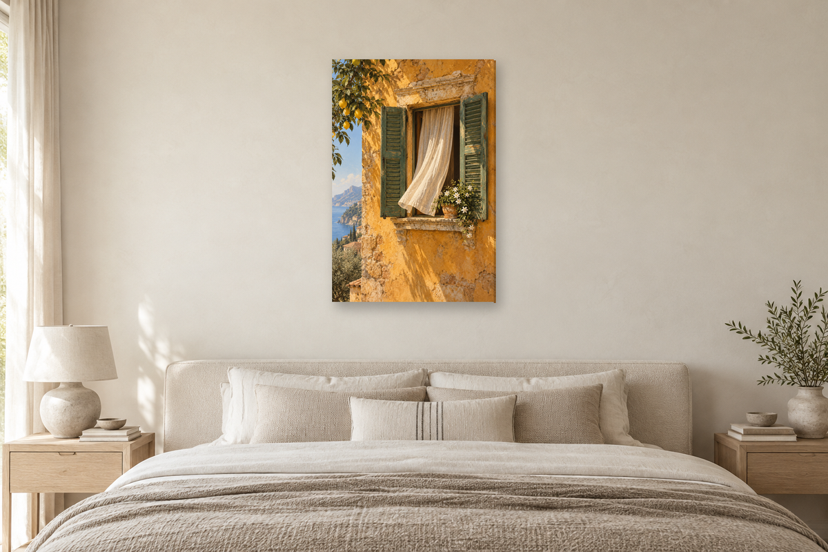 Sicilian Window in a bedroom — interior mockup with the complete original artwork