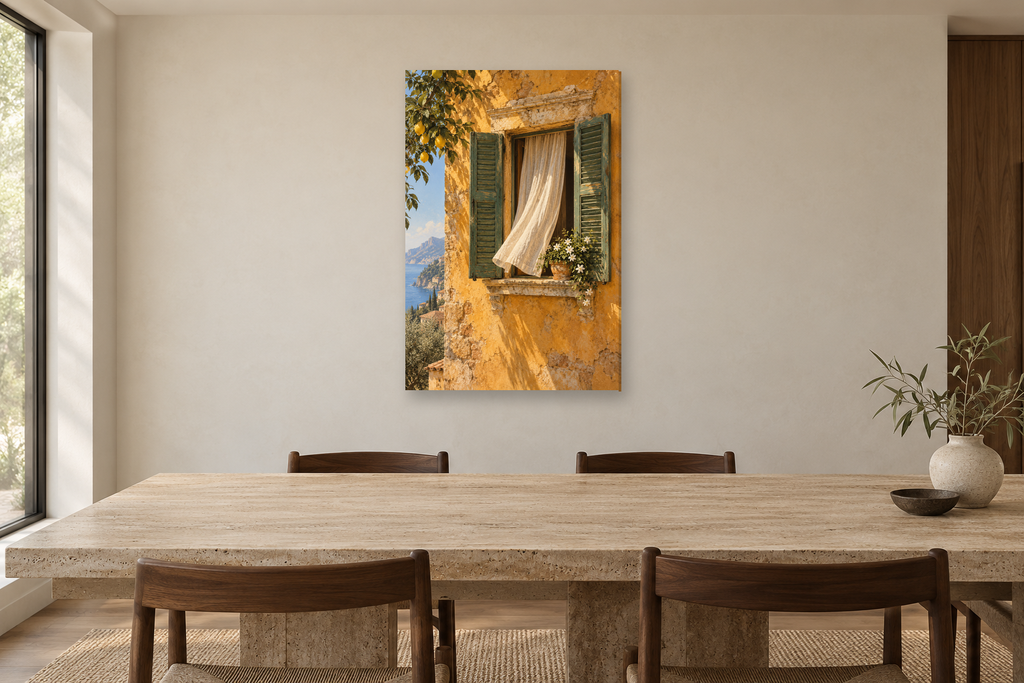 Sicilian Window in a dining room — interior mockup with the complete original artwork