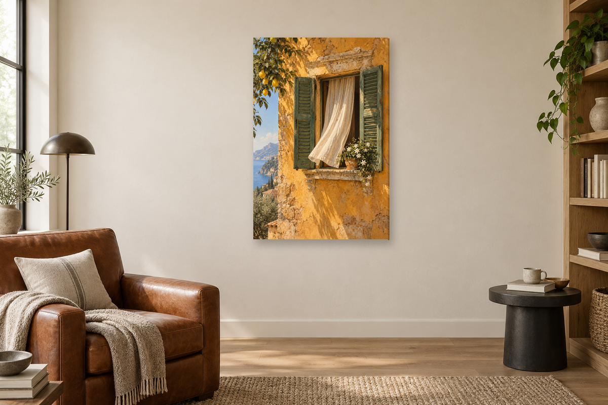 Sicilian Window in a reading corner — interior mockup with the complete original artwork