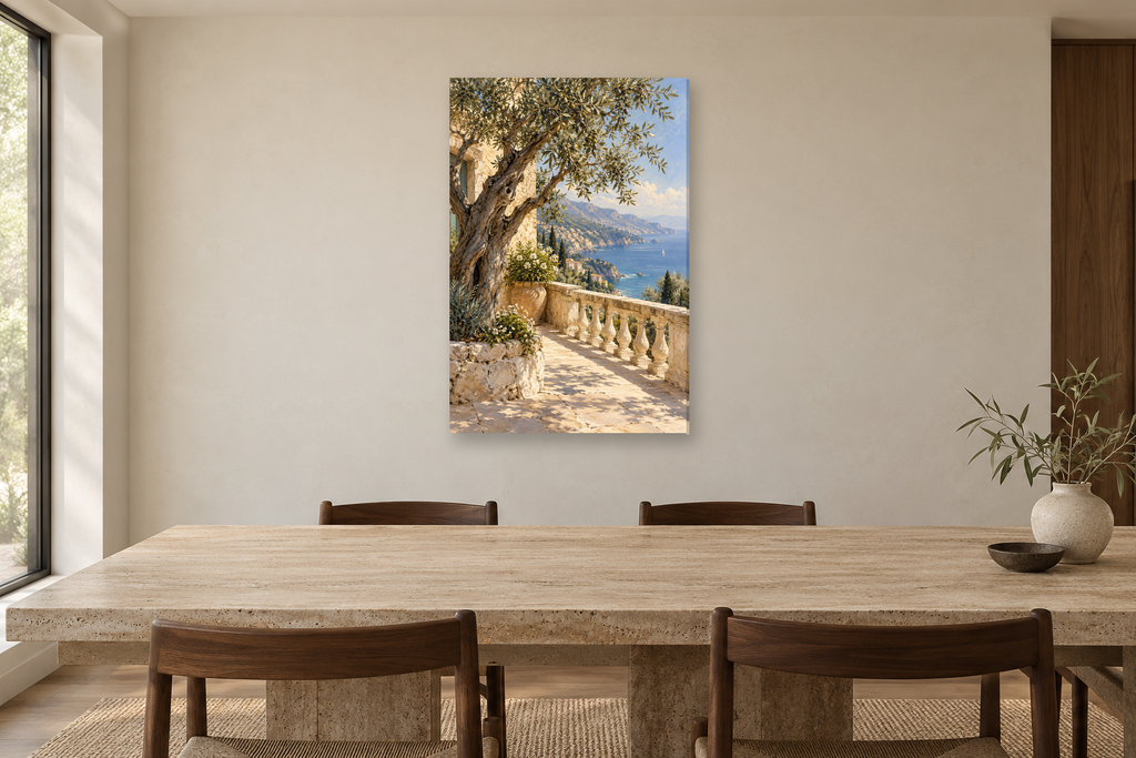 Olive Terrace in a dining room — interior mockup with the complete original artwork