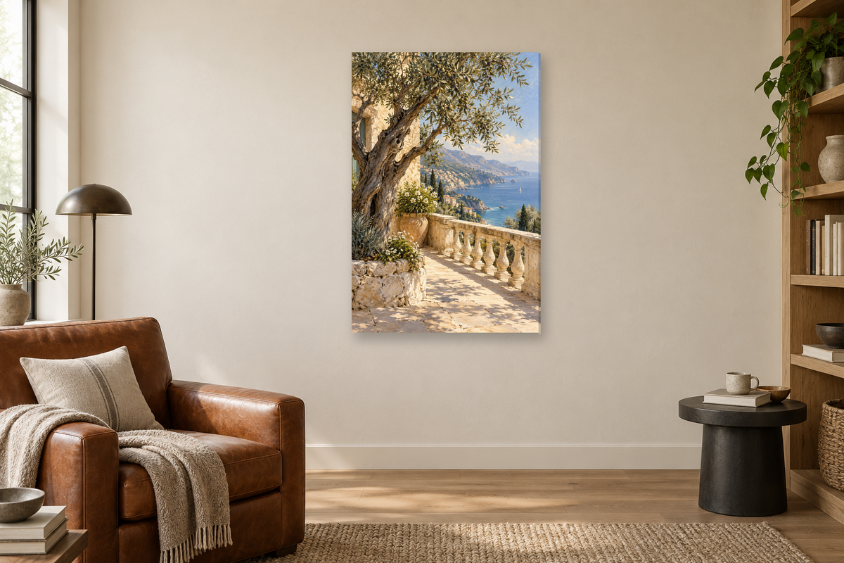 Olive Terrace in a reading corner — interior mockup with the complete original artwork