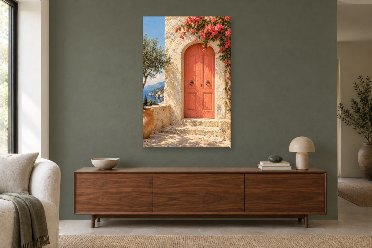 Coral Door in a living room — interior mockup with the complete original artwork