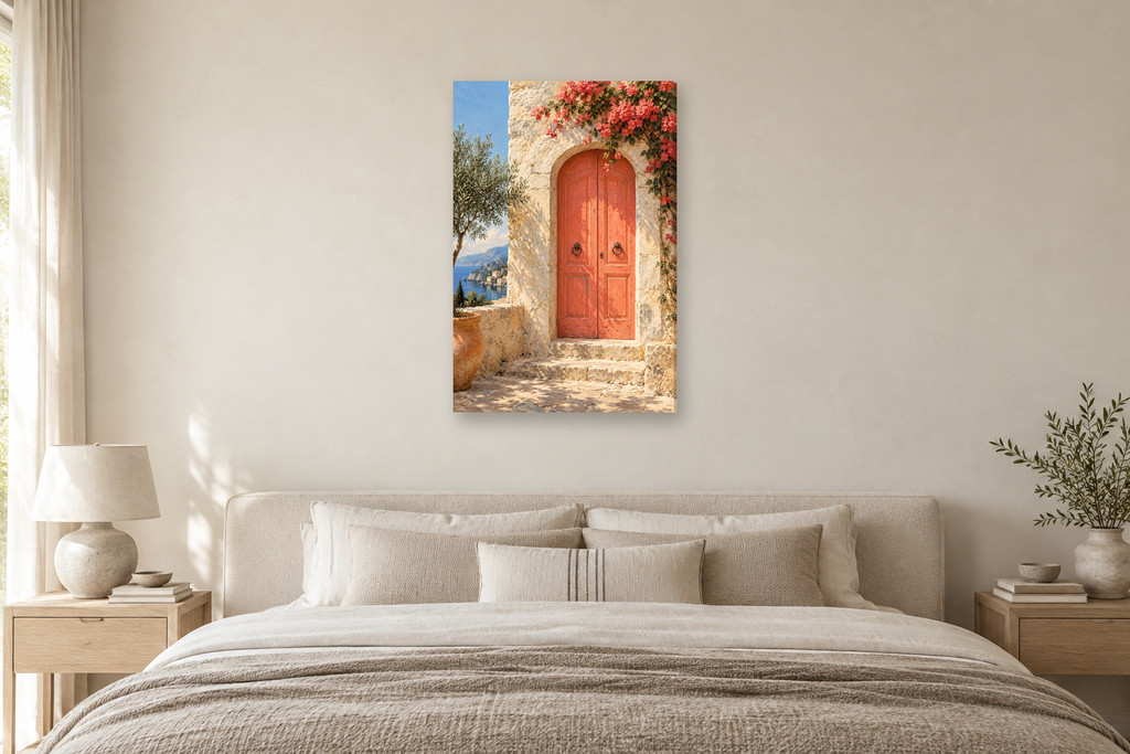 Coral Door in a bedroom — interior mockup with the complete original artwork