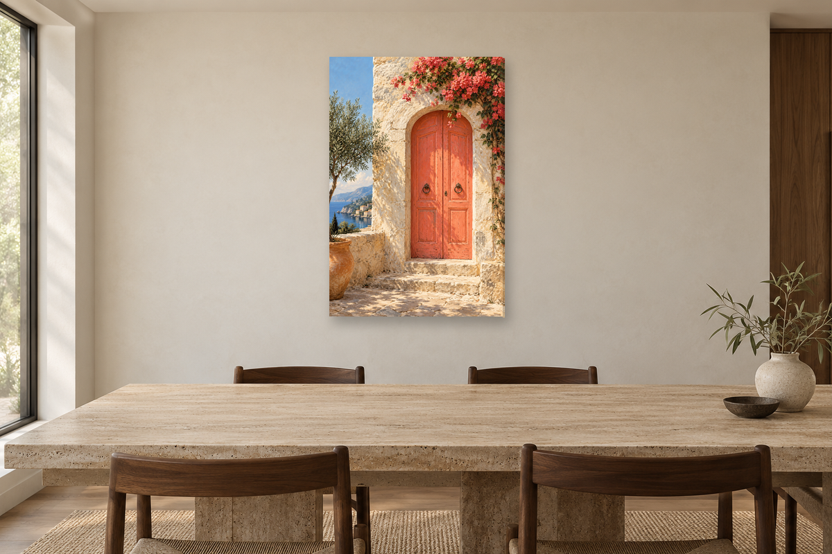 Coral Door in a dining room — interior mockup with the complete original artwork