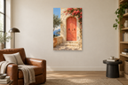 Coral Door in a reading corner — interior mockup with the complete original artwork