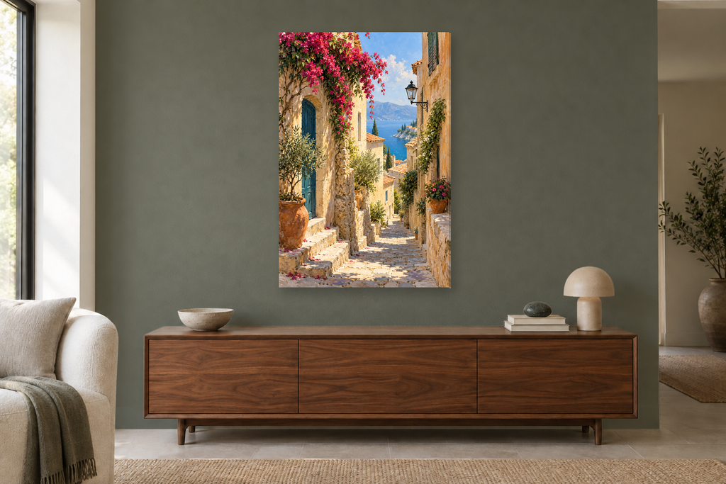 Sunlit Alley in a living room — interior mockup with the complete original artwork