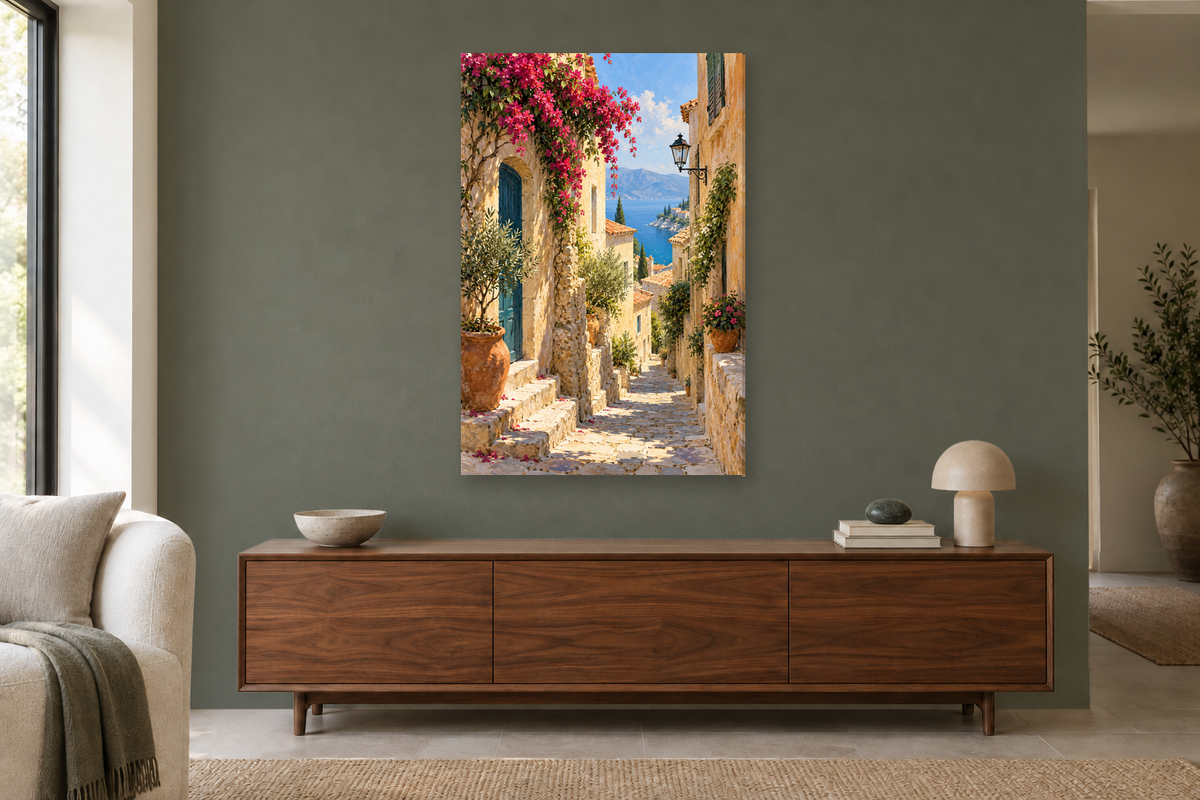 Sunlit Alley in a living room — interior mockup with the complete original artwork