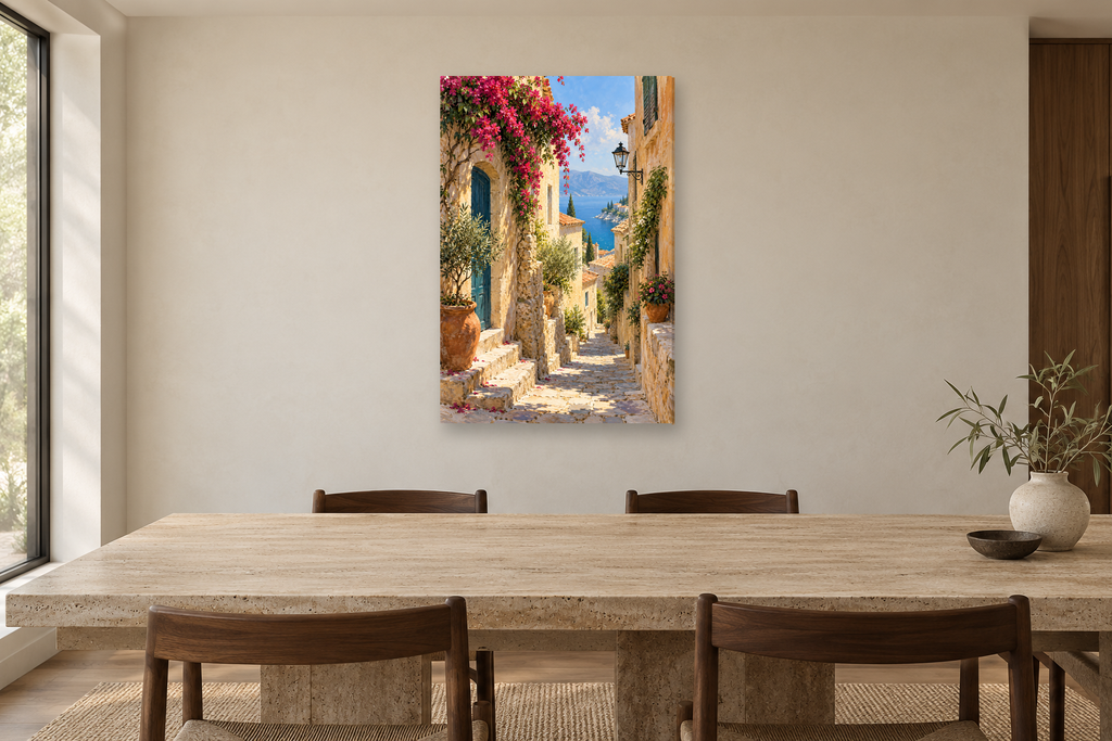 Sunlit Alley in a dining room — interior mockup with the complete original artwork