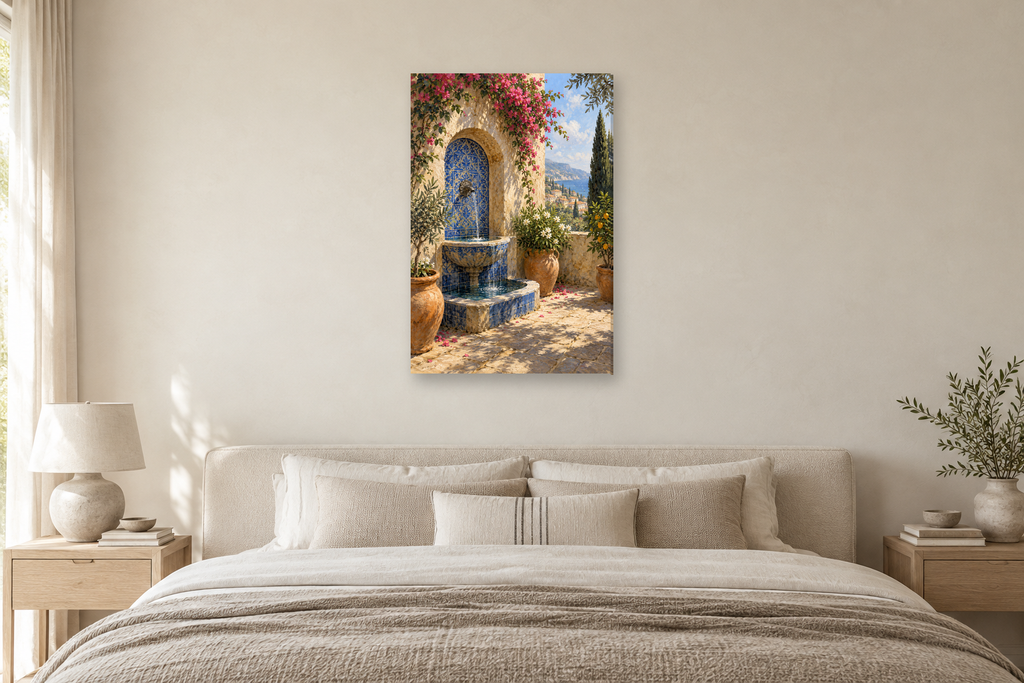 Ceramic Fountain in a bedroom — interior mockup with the complete original artwork