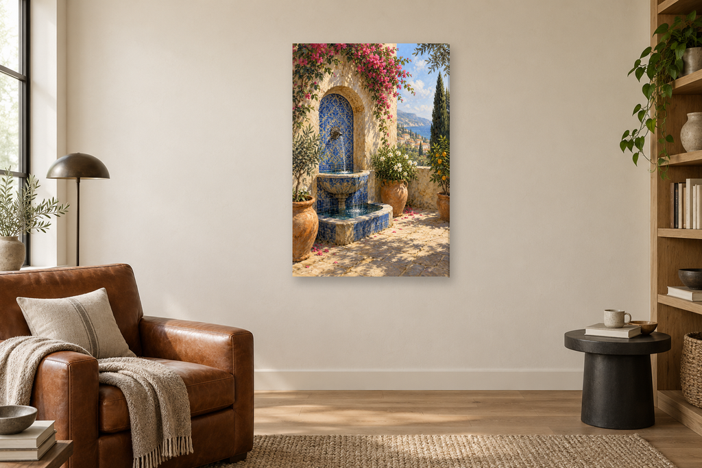 Ceramic Fountain in a reading corner — interior mockup with the complete original artwork
