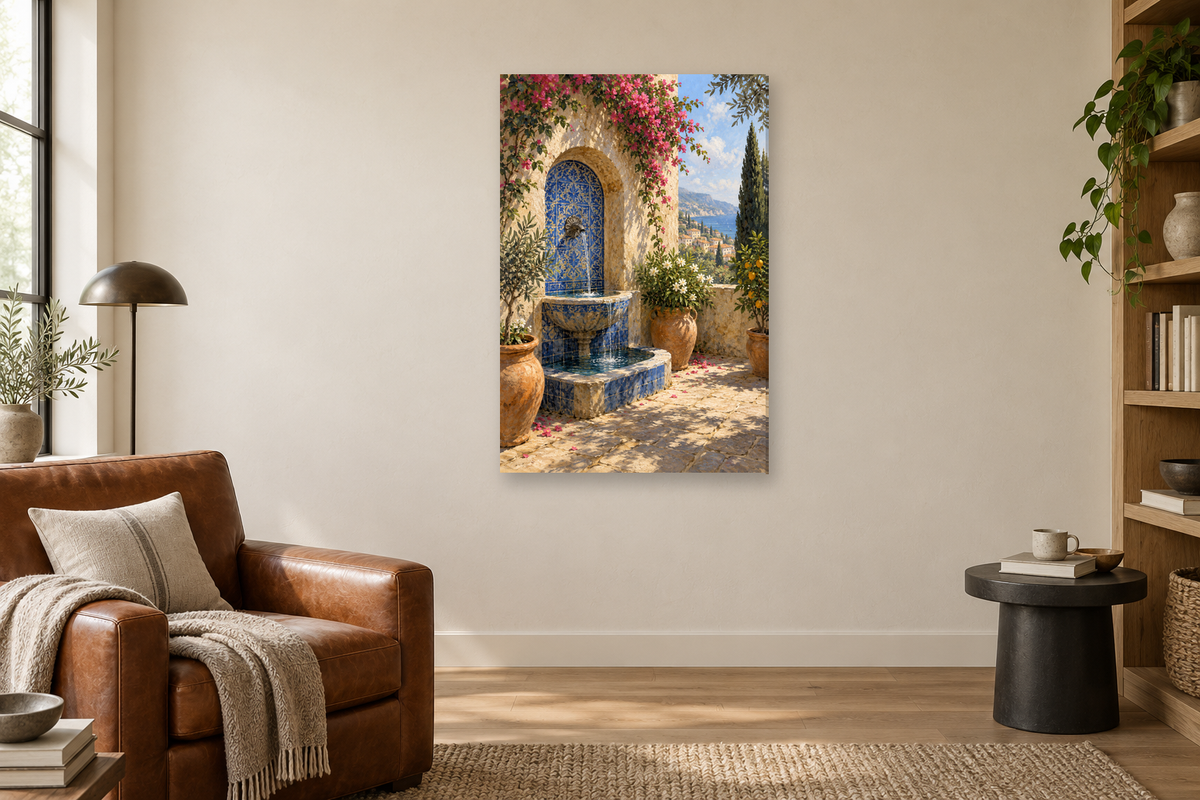 Ceramic Fountain in a reading corner — interior mockup with the complete original artwork