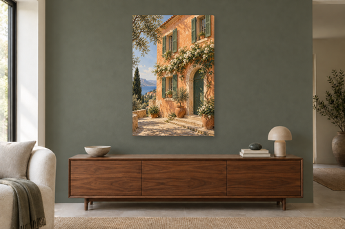 Apricot House in a living room — interior mockup with the complete original artwork