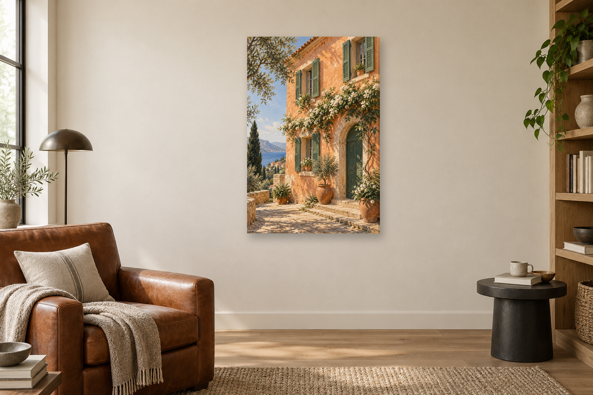Apricot House in a reading corner — interior mockup with the complete original artwork