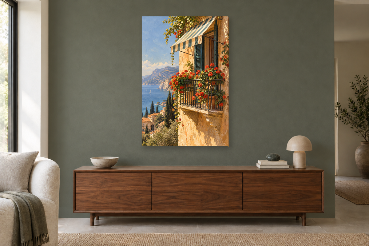 Morning Balcony in a living room — interior mockup with the complete original artwork