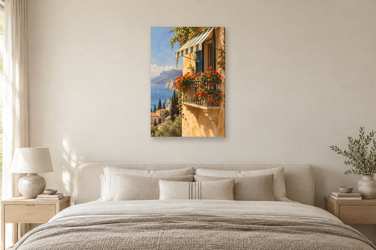 Morning Balcony in a bedroom — interior mockup with the complete original artwork
