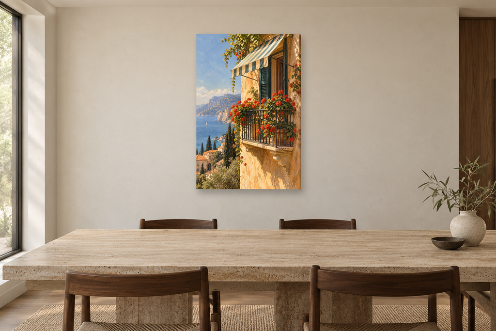 Morning Balcony in a dining room — interior mockup with the complete original artwork