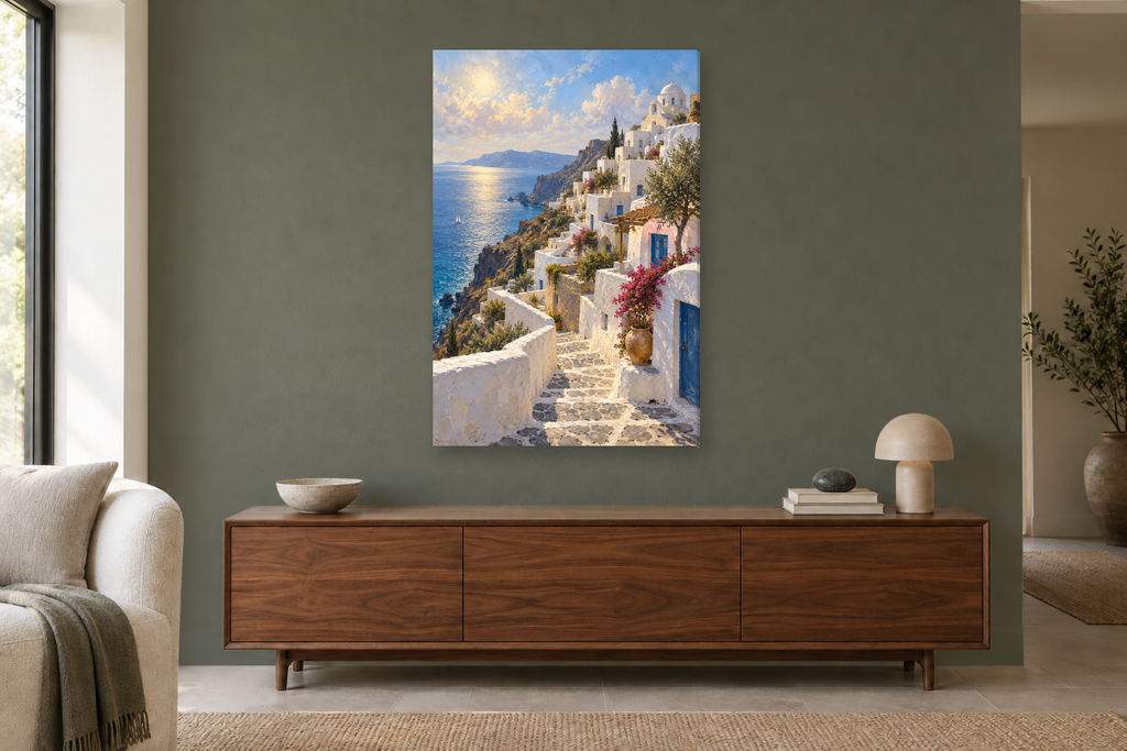 White Village in a living room — interior mockup with the complete original artwork