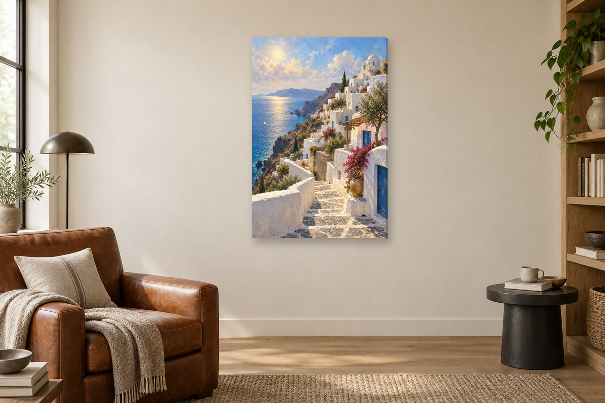 White Village in a reading corner — interior mockup with the complete original artwork