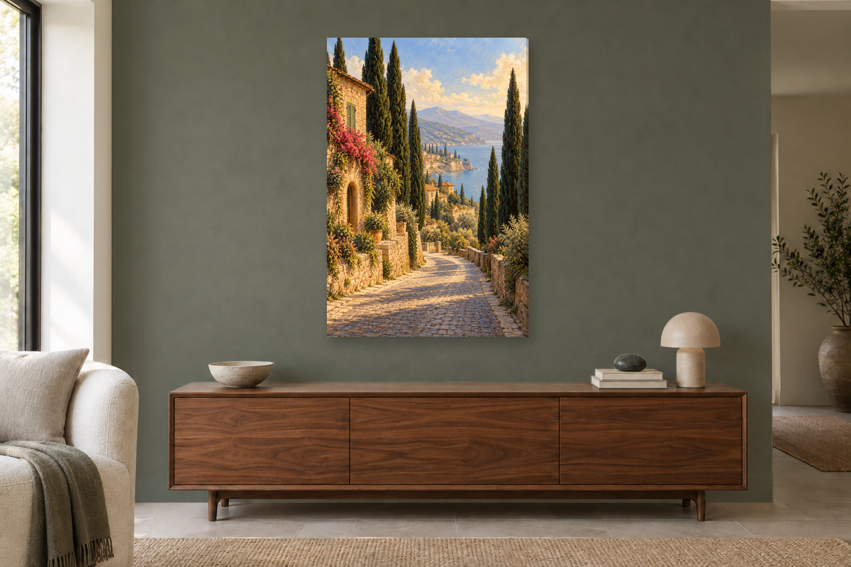 Cypress Road in a living room — interior mockup with the complete original artwork