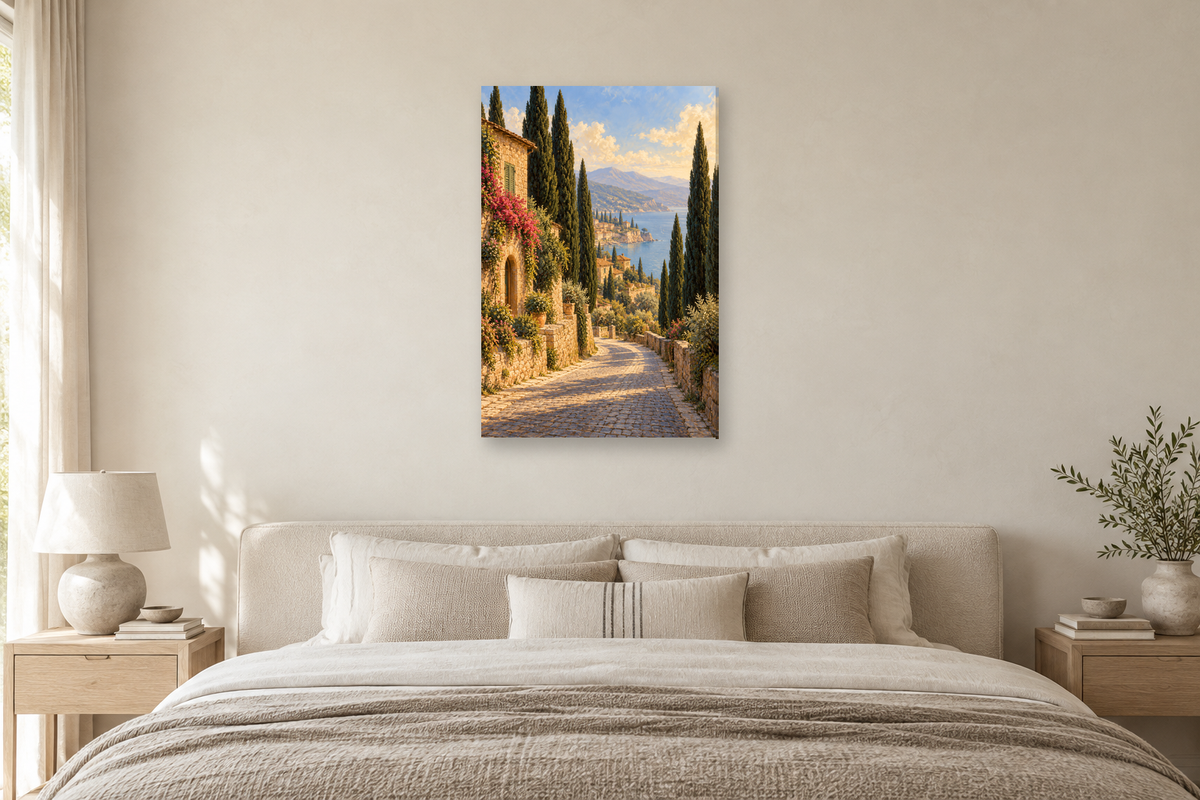 Cypress Road in a bedroom — interior mockup with the complete original artwork